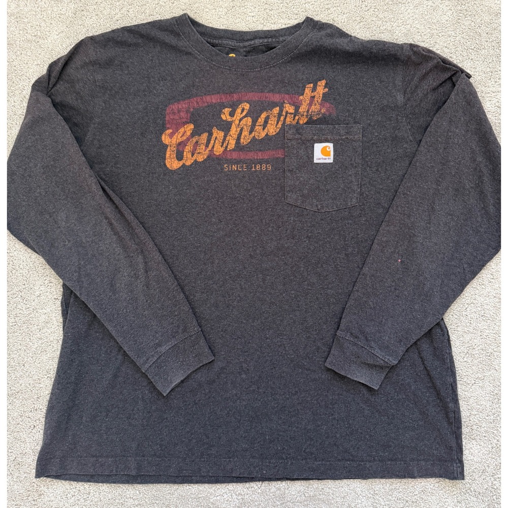 Carhartt Mens 2XL Relaxed Fit Long Sleeve Pocket T-Shirt Charcoal Graphic Logo